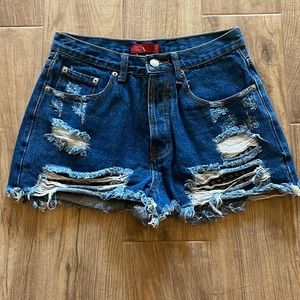 Distressed High Rise Shorts with Black Net Cut Outs Size Medium